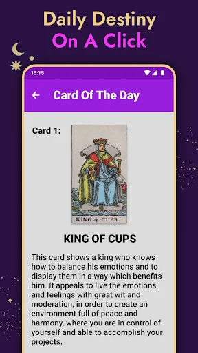 Daily Card of the Day screen showing King of Cups tarot card with detailed meaning and interpretation text