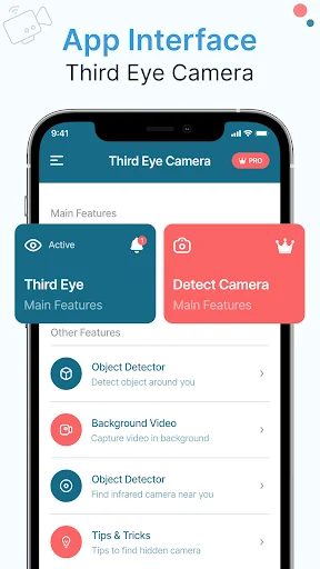 Third Eye Hidden Camera app main interface showing active monitoring, camera detection, and background video features