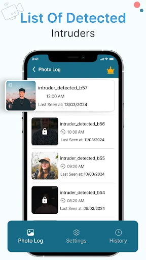 Photo log screen displaying list of detected intruders with timestamps and thumbnail images in Third Eye Camera app