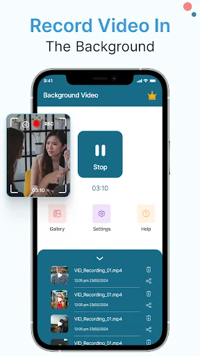 Background video recording screen with active timer, stop button, and saved video recordings list