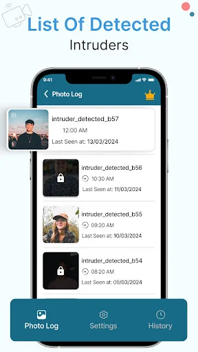 Intruder detection photo log with dated entries and secure locked recordings in hidden camera app