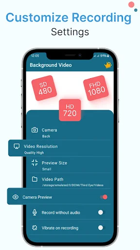 Video recording settings interface with quality options, camera preview, and audio recording toggles