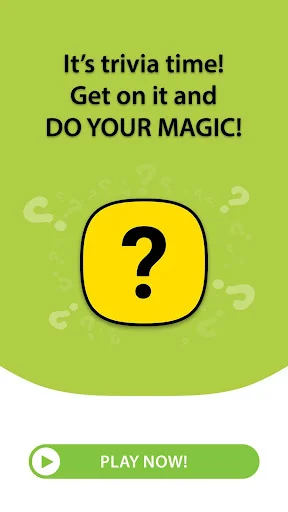 Trivia quiz app launch screen with yellow question mark icon and green 'Play Now' button on lime background