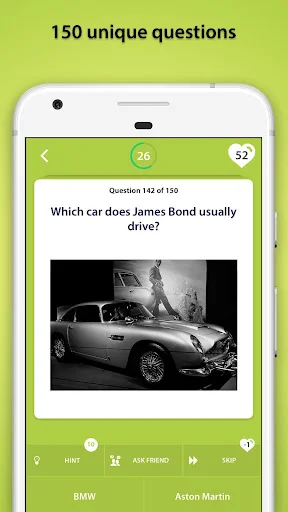 General Knowledge Quiz showing James Bond car question with photo, multiple choice options, hint button, and question counter