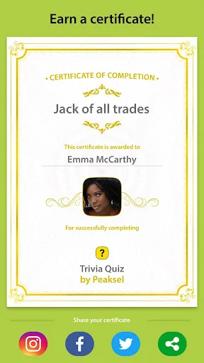 Trivia quiz completion certificate showing 'Jack of all trades' achievement for Emma McCarthy with social media sharing options