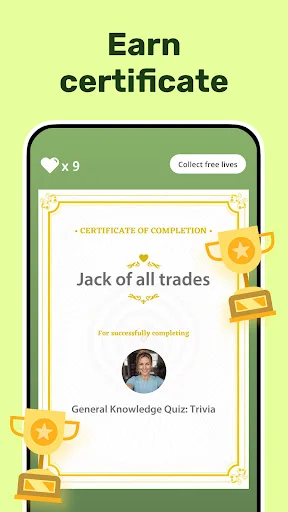 Quiz completion certificate showing Jack of all trades achievement for General Knowledge Quiz. Features trophy medals, hearts counter, and collect free lives option.
