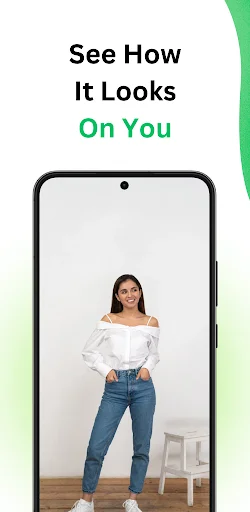 Virtual outfit preview displaying white blouse and jeans try-on on model form