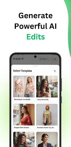 AI template selection screen for generating multiple outfit editing style variations