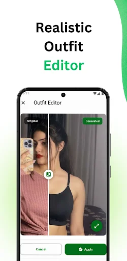 Outfit editor tool comparing original photo with AI-generated realistic clothing preview