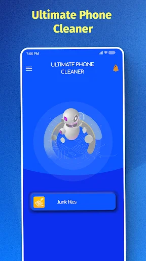 Ultimate Phone Cleaner app home screen showing junk files cleaner feature with mascot on blue interface