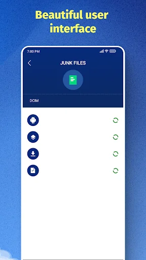 Junk files management screen in Ultimate Phone Cleaner displaying file categories with toggle options