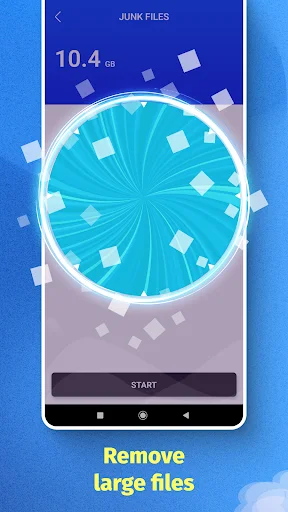 Phone storage scanner showing 10.4 GB of junk files ready to remove with start button