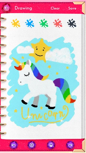 Drawing canvas with cheerful unicorn art illustration, blue cloud background, yellow sun, rainbow elements, and color brush options