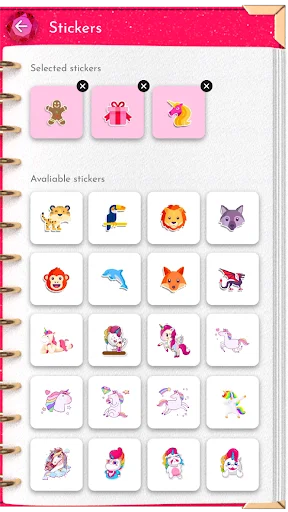 Stickers feature showing three selected stickers at top and available decorative sticker collection grid with animal designs