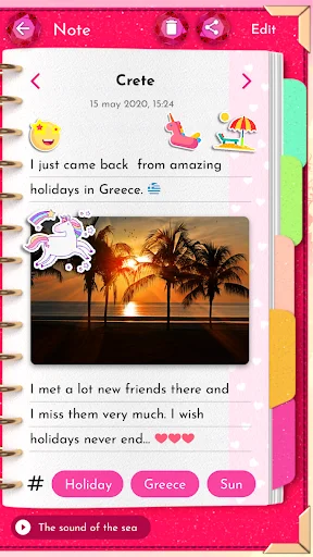 Greece travel note detail dated 15 May 2050 with holiday memories, sunset image, location tags, hashtags and sound feature