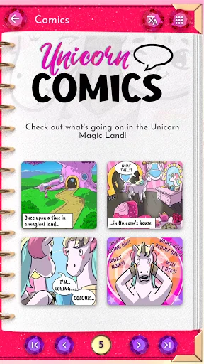 Comics section showing Unicorn Magic Land stories with four comic panels in a grid layout for entertainment
