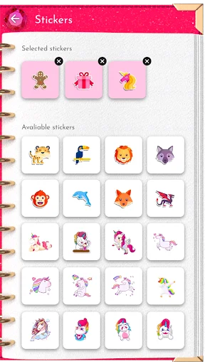 Stickers selection panel displaying three selected decorative stickers and grid of available unicorn and animal-themed stickers