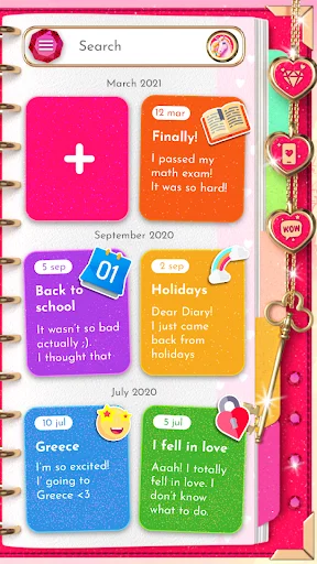 Unicorn Diary home feed with search functionality, colorful cards containing diary entries, dates and emotional personal stories