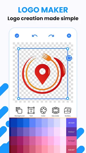 Logo Maker app interface showing logo creation tool with red location pin design, editing controls, color palette, and design icons