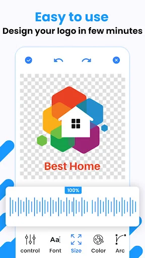 Logo design editor with colorful house logo example, text label, progress bar, and adjustment tools for control, font, size, color