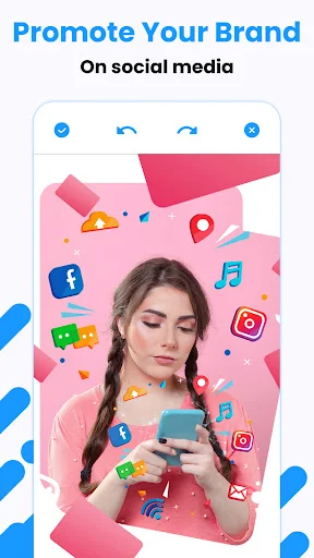 Brand promotion feature showing woman with smartphone surrounded by social media icons including Facebook and Instagram