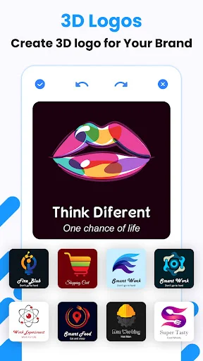 3D logo design gallery displaying vibrant 3D lips logo with text and multiple 3D template examples for brand design