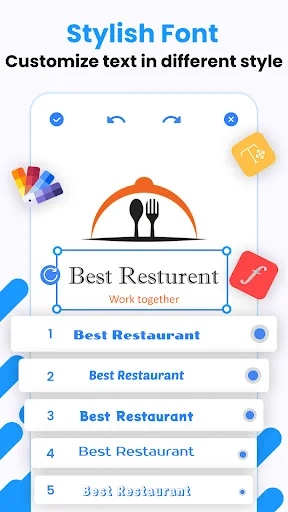 Font customization panel showing restaurant logo with multiple stylish text font variations for professional logo design