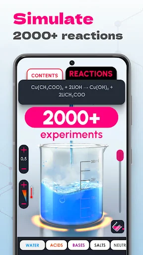 Chemistry simulator app showing 2000+ virtual reactions interface with beaker experiment and category filters