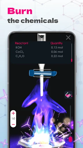 Virtual chemistry experiment burning chemicals with purple flame reaction simulation in test tube