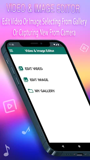 Video & Image Editor main menu showing Edit Video, Edit Image, and My Gallery options on mobile interface