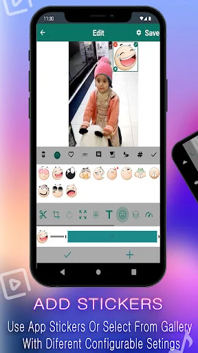 Sticker editor showing emoji options with customizable settings for image and video enhancement