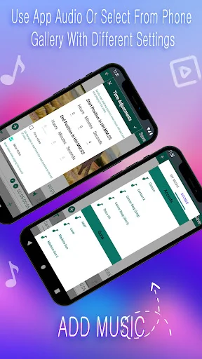 Music library screen for adding audio tracks from phone gallery to video projects with settings