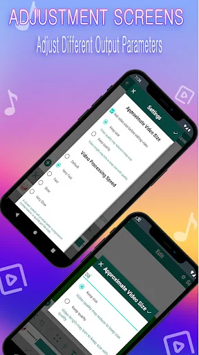 Video output adjustment screens for customizing export parameters and quality settings