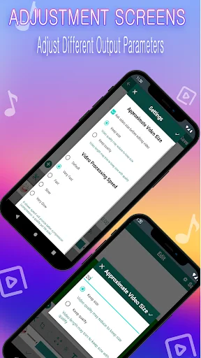 Adjustment screens interface for configuring video output parameters and export settings