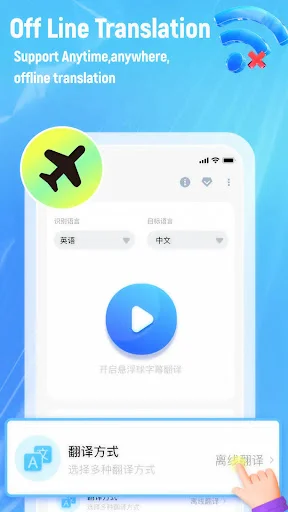 Offline video translation tool with airplane icon indicating no internet required, featuring language selectors and subtitle generator mode