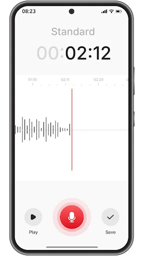 Voice Recorder displaying active 02:12 recording with waveform visualization and Play, Save control buttons