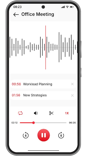 Office Meeting recording with bookmarked sections (Workload Planning, New Strategies), timeline, and playback controls
