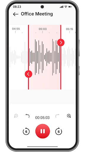 Voice Recorder time range selection showing 04:55-05:15 highlighted section with trim handles and playback controls