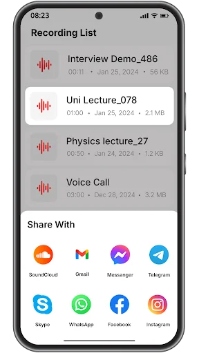 Recording List with saved voice files (Interview, Lecture, Phone Call) and social media sharing options