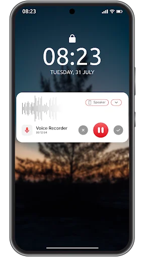 Voice Recorder lock screen widget with active recording, 00:36 timer, waveform display, and pause control