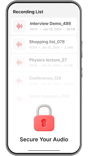 Recording List with Secure Your Audio padlock icon for password-protected voice recording storage