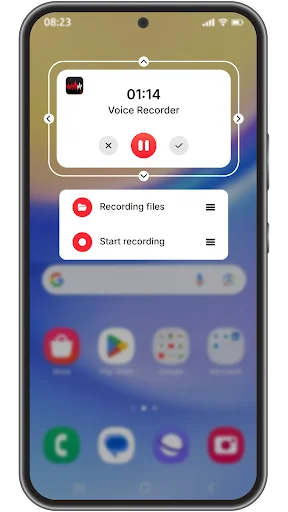 Voice Recorder home screen widget with 01:14 recording timer, Record button, and quick file access
