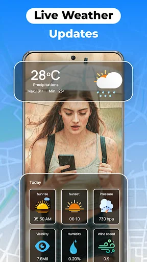 Live weather updates displaying current temperature 28°C, sunrise/sunset times, pressure, visibility, humidity, and wind speed data
