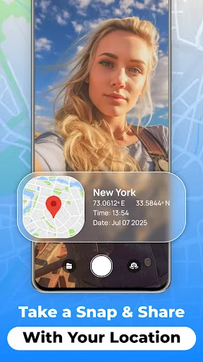 Geotagged photo sharing feature showing New York location coordinates, timestamp, and metadata with camera and sharing controls