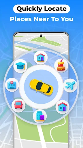 Nearby places locator with circular menu icons for home, education, food, shopping, hospitals, car rental, and other destinations