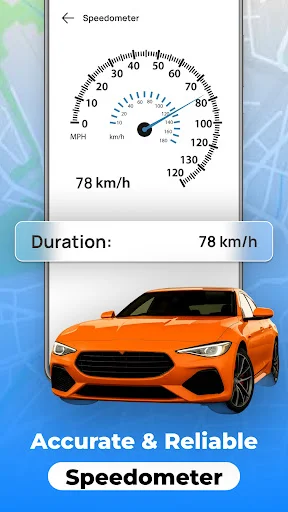 Digital speedometer displaying real-time vehicle speed of 78 km/h with trip duration tracking and fuel efficiency monitoring