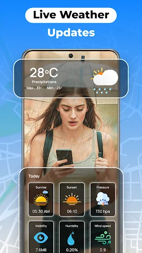 Live weather updates showing 28°C with sunrise, sunset, pressure, visibility, humidity, wind speed
