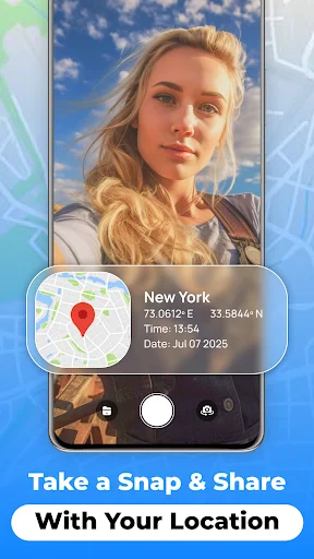 Photo location sharing feature showing New York coordinates and timestamp for geotagging images
