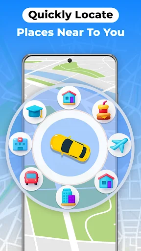 Nearby places locator map with categories for home, school, shopping, dining, gas and hotel