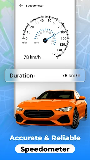 Speedometer displaying 78 km/h with accurate vehicle speed tracking and duration timer
